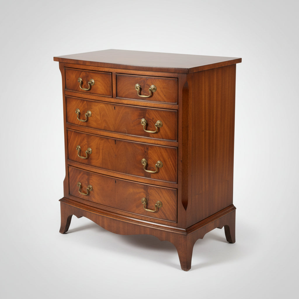 [Pre-Order] Georgian style, quality, small bowfron chest of drawers raised on splay bracket feet.