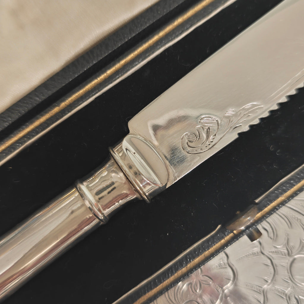 A close-up of a silver-toned decorative knife or letter opener resting inside an ornate silver case with engraved floral detailing.