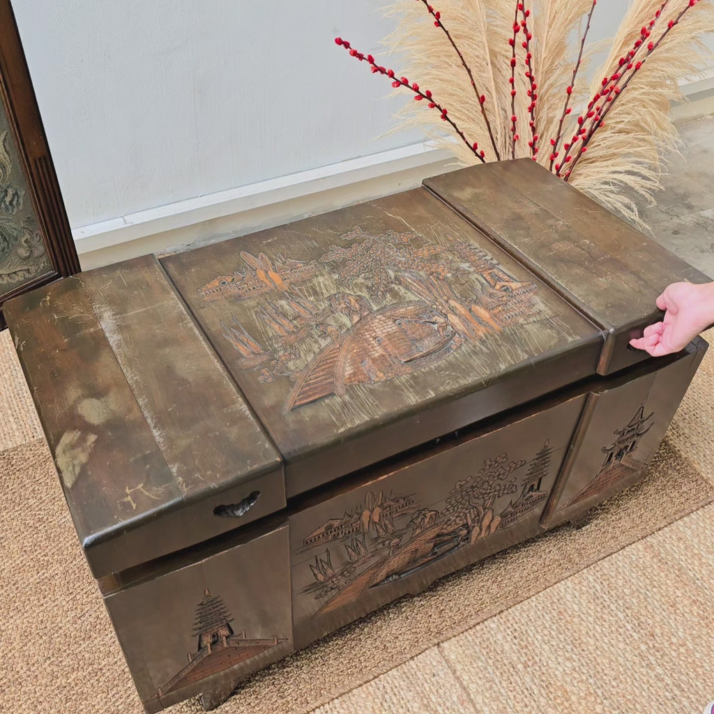 20th Century BLANKET CHEST WITH CARVED PAGODAS, JUNKS AND TREES, 39" WIDE