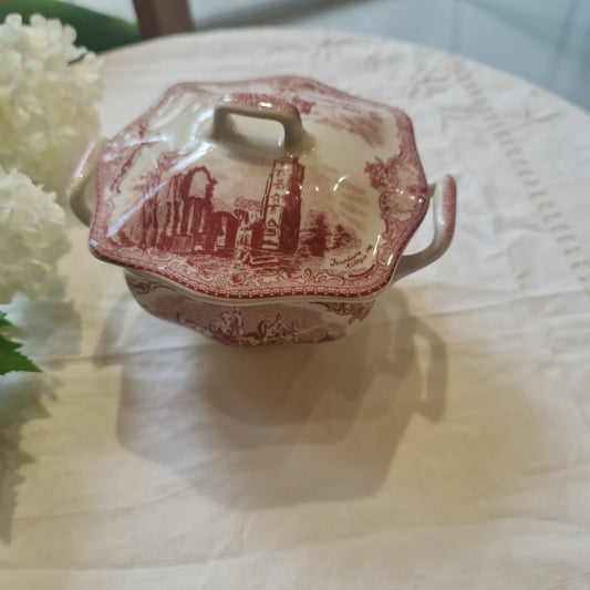 Johnson Brother Transferred ware cranberry Pink sugar bowl and milk jar set