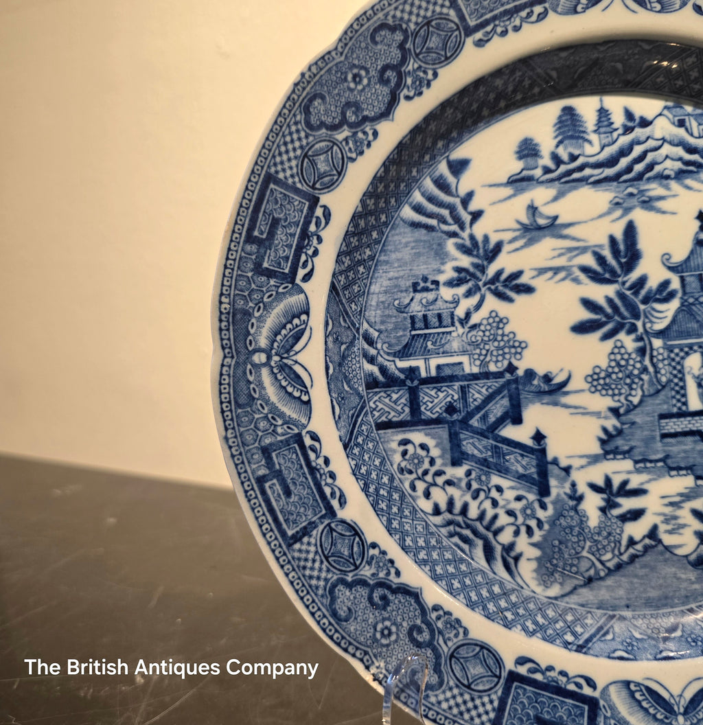 Antique Blue and White "Willow Pattern" Dessert Plate with Scalloped Rim