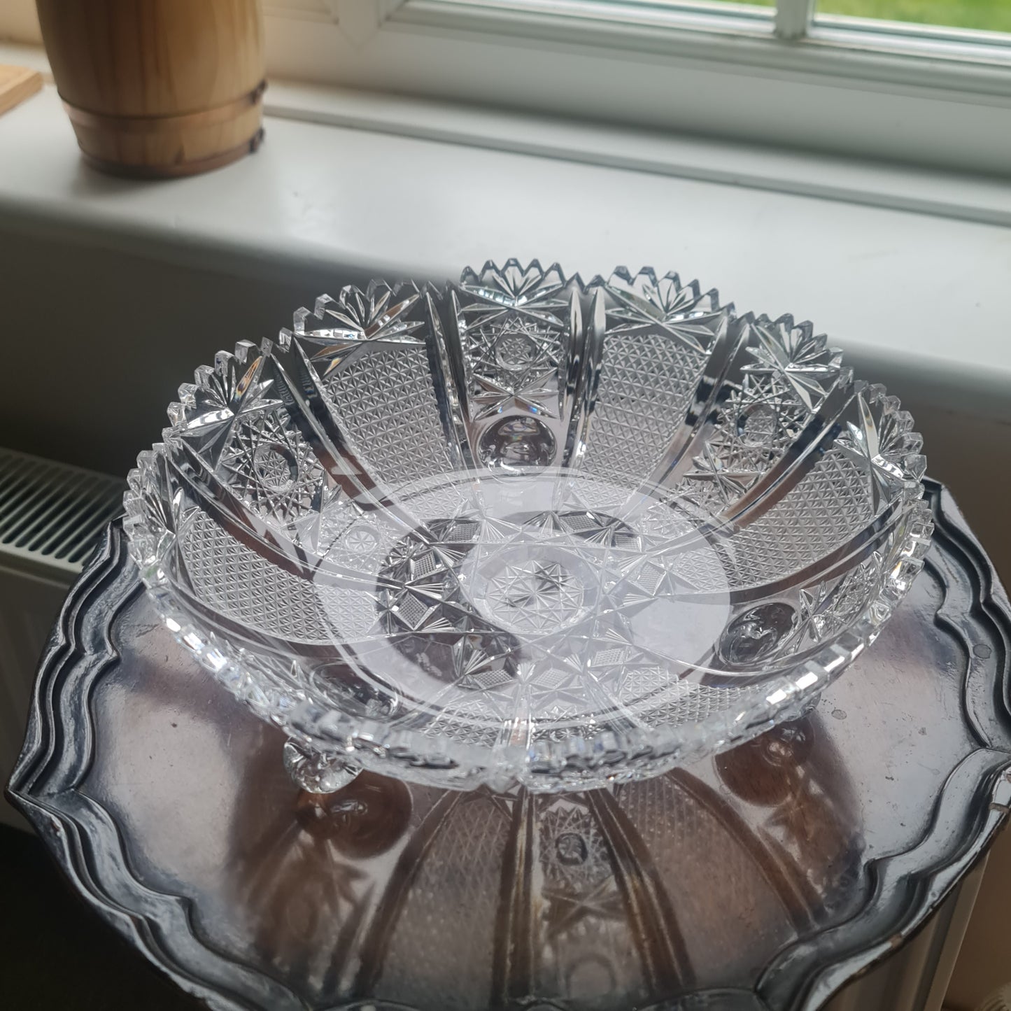 Antique Brilliant Cut Lead Crystal Round Serving Platter w/Hobstar Pattern on foot ( possible waterford)