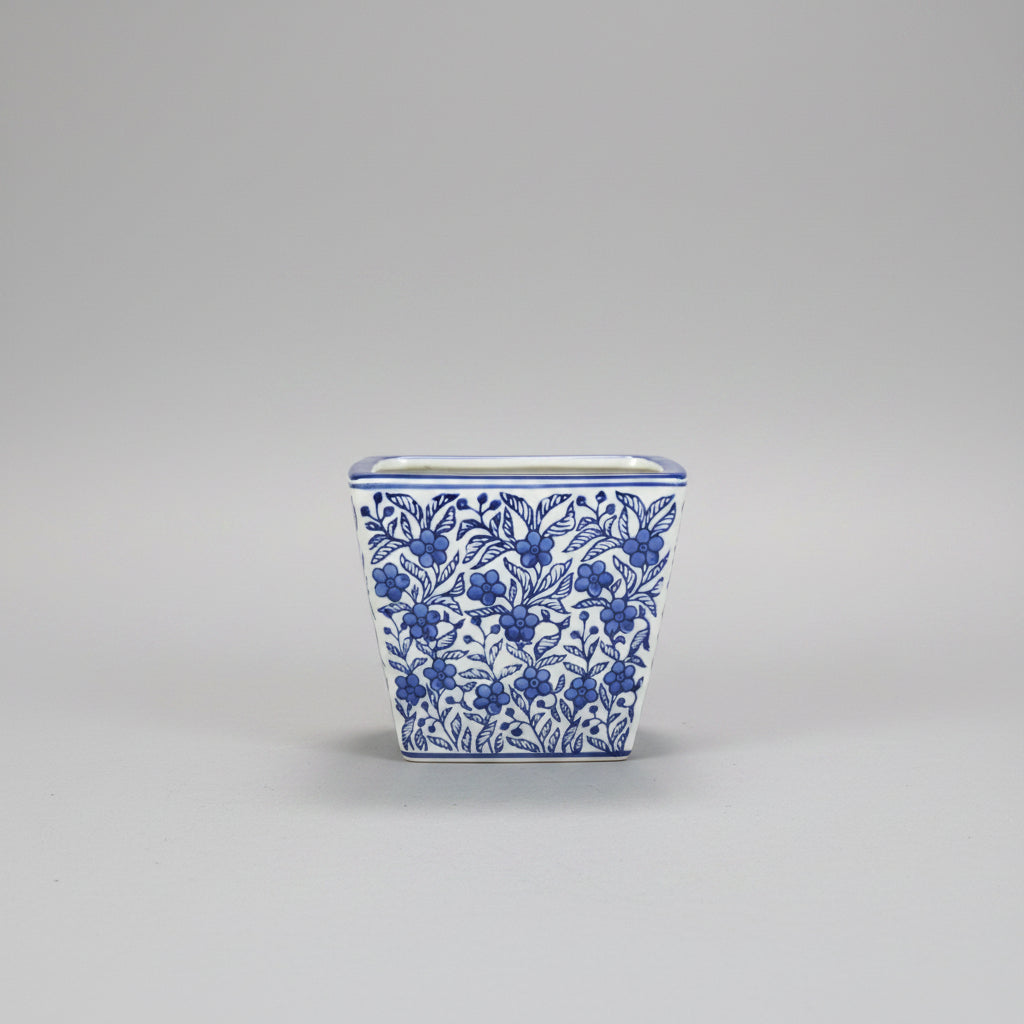 Vintage Blue & White Chintz Tapered Square Ceramic Planter / Cachepot (22cm x 17cm)