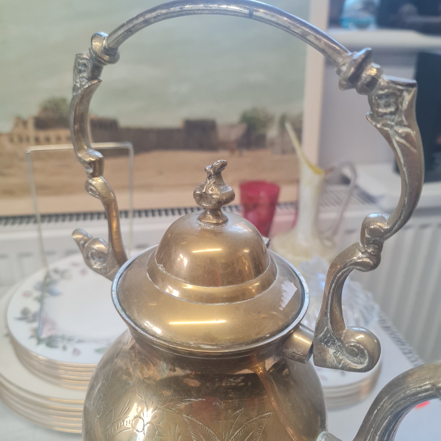 Exquisite antique brass teapot on a stand - 1890-1930