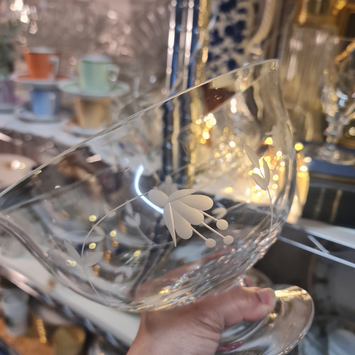 Lovely vintage crystal bowl with hand etching flora