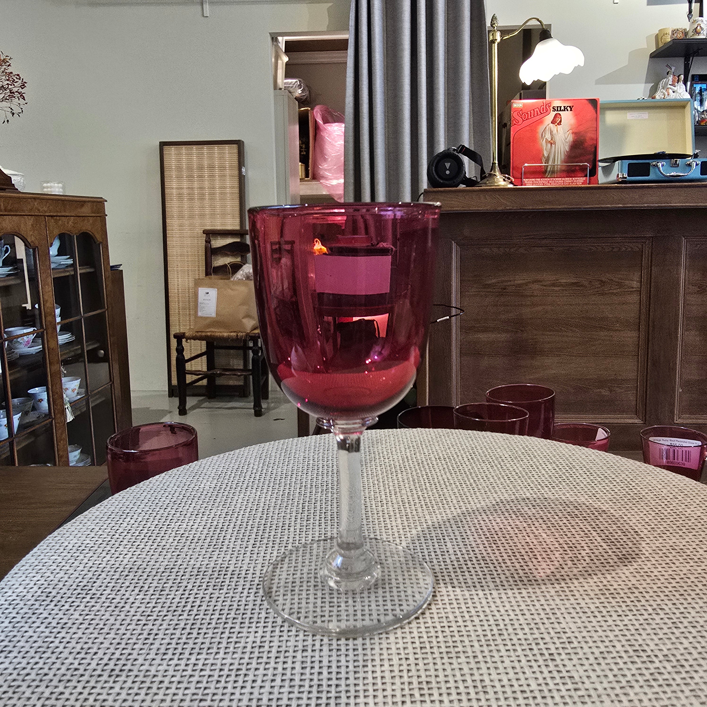Vintage French Ruby Red Glass Wine Goblet With Clear Pedestal