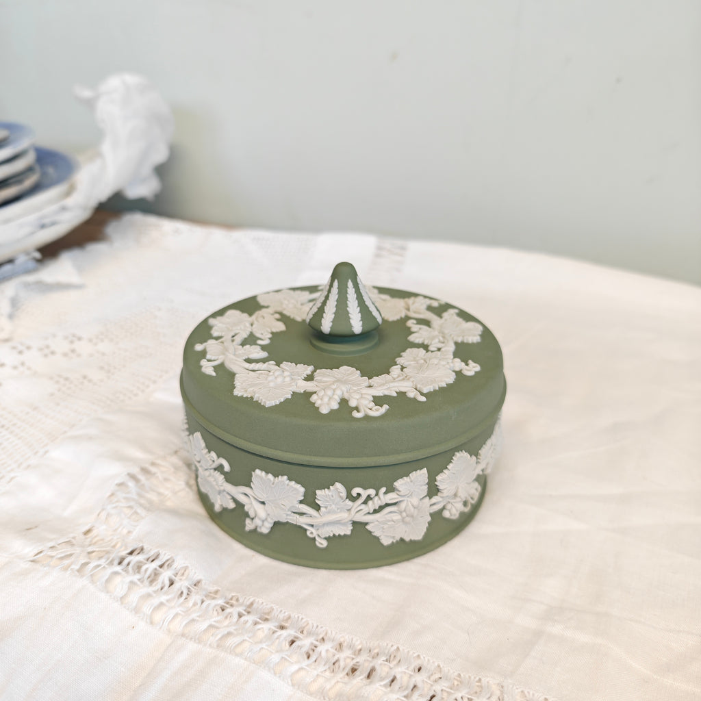 Vintage Wedgwood jasperware sage green trinket box