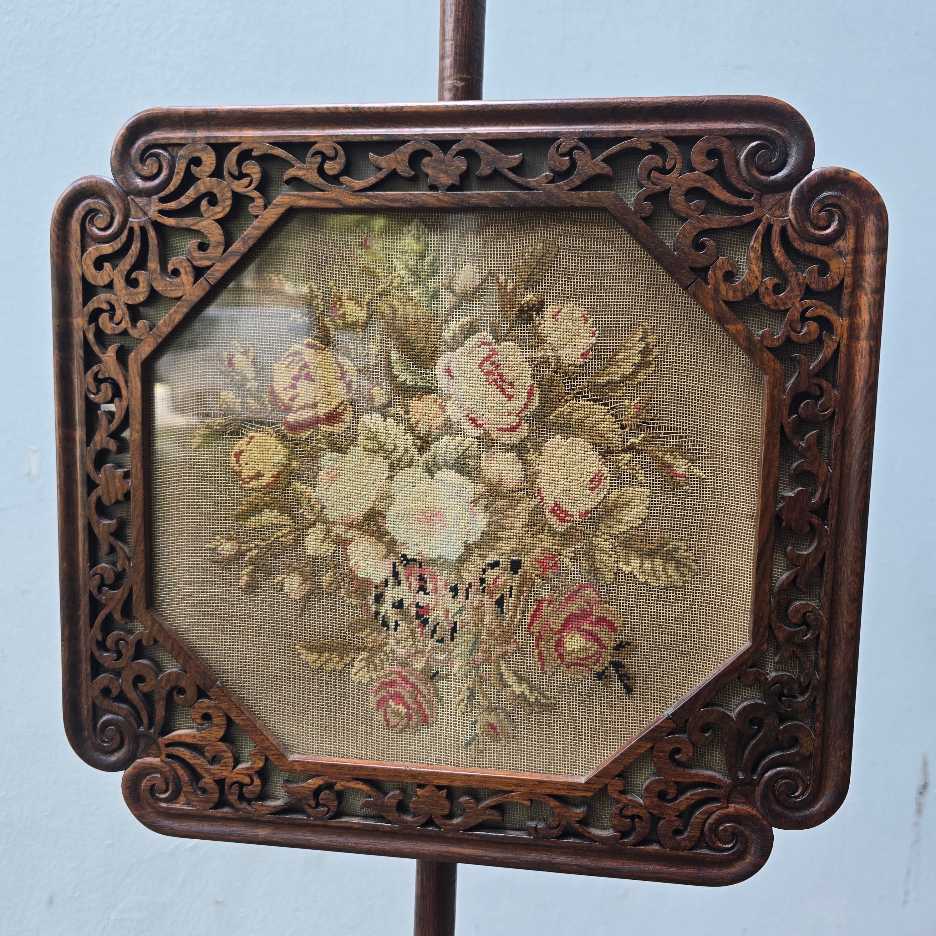 Antique Victorian Handcarved Rosewood Firescreen with Handmade Tapestry