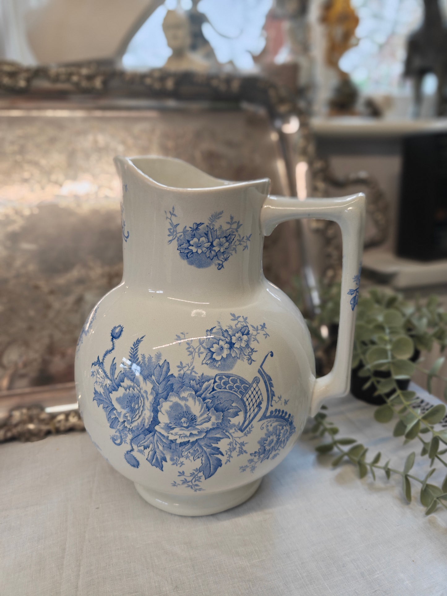 19th french Antique jug with blue transferware