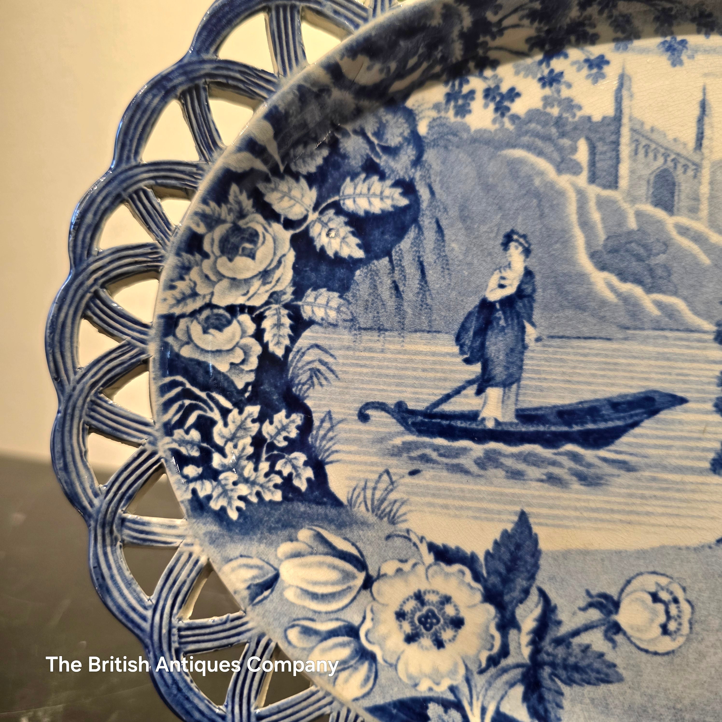 Antique Blue and White "Lady of the Lake" Pierced Border Plate by Carey's