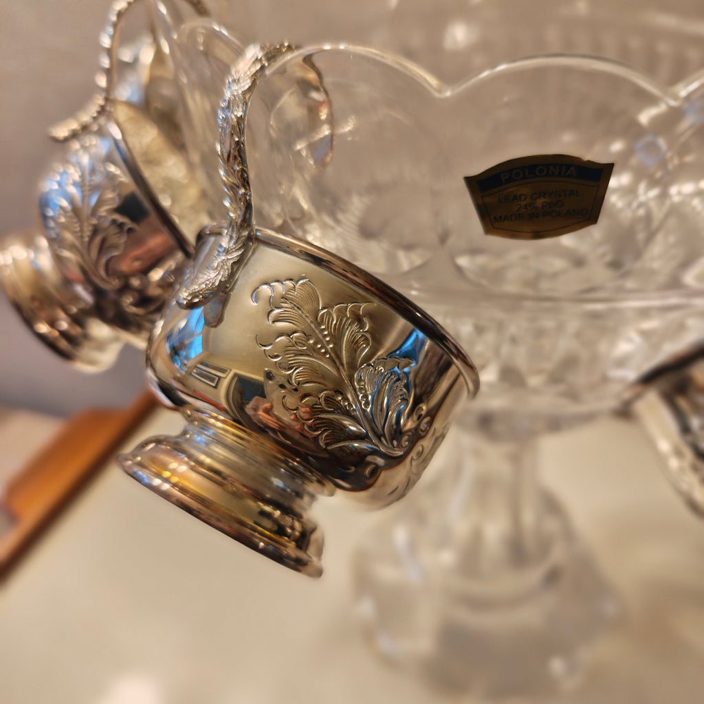 Vintage 1950 high quality hand cut crystal punch bowl on stem feet with 6 X silver plated cup