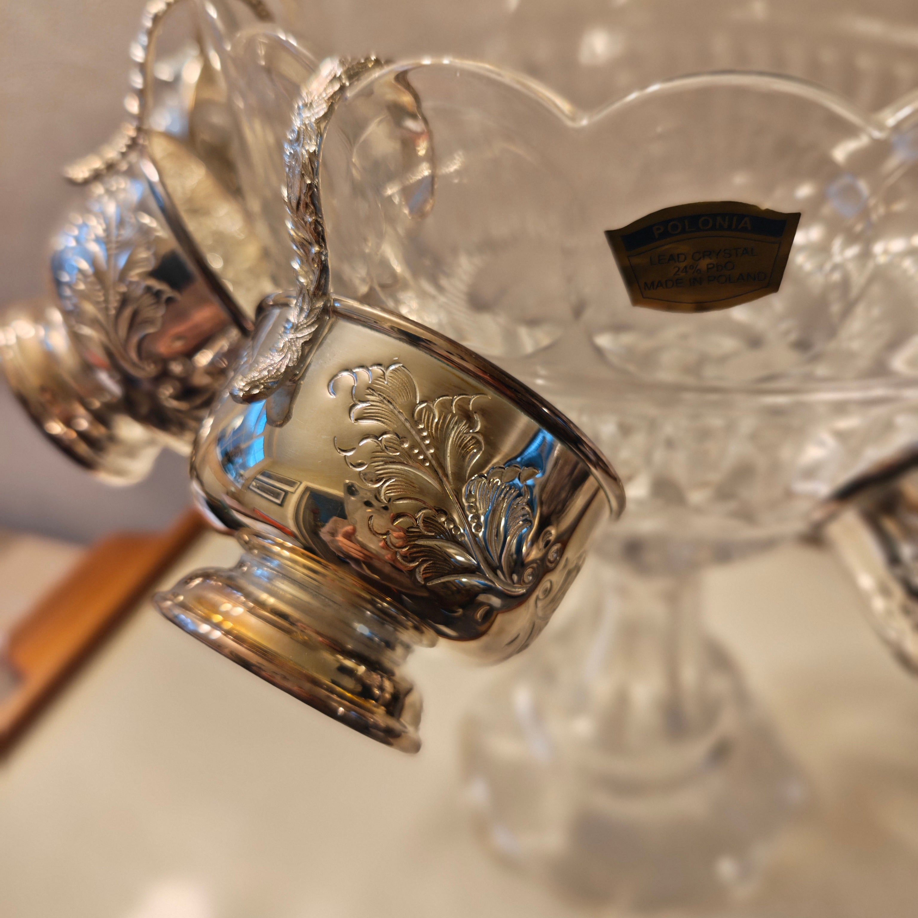 Vintage 1950 high quality hand cut crystal punch bowl on stem feet with 6 X silver plated cup