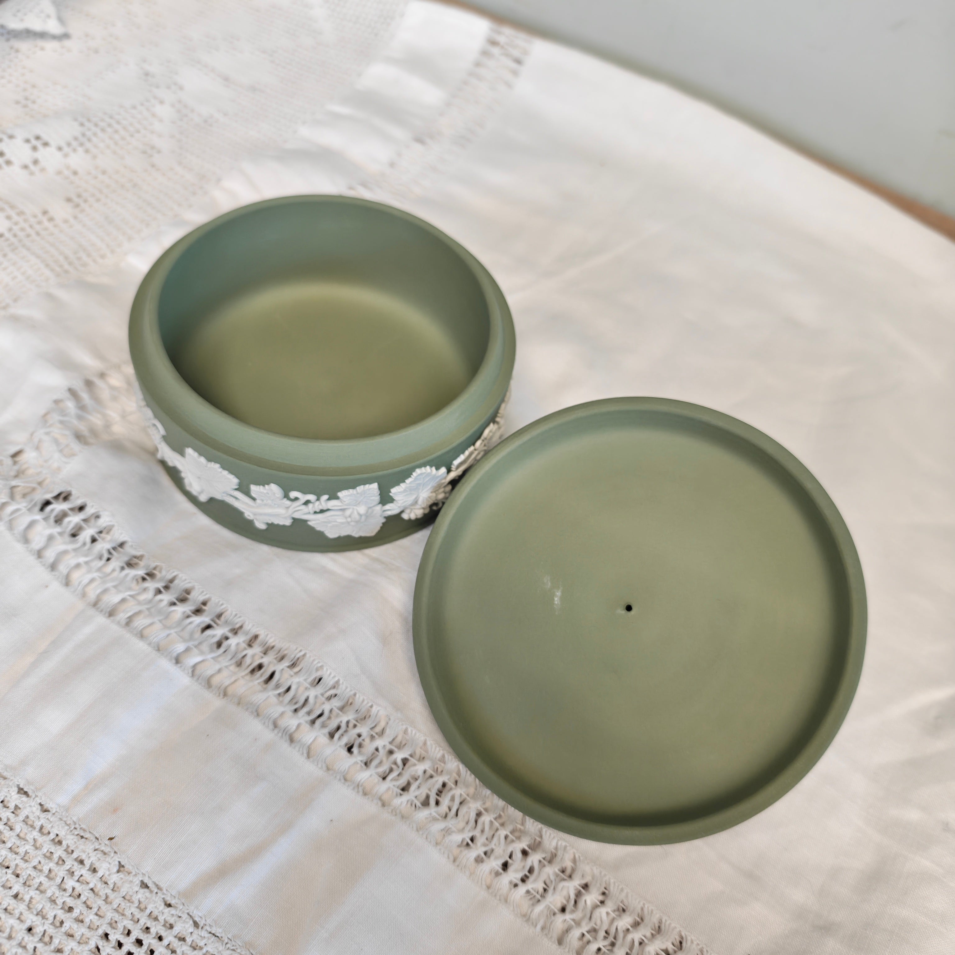 Vintage Wedgwood jasperware sage green trinket box
