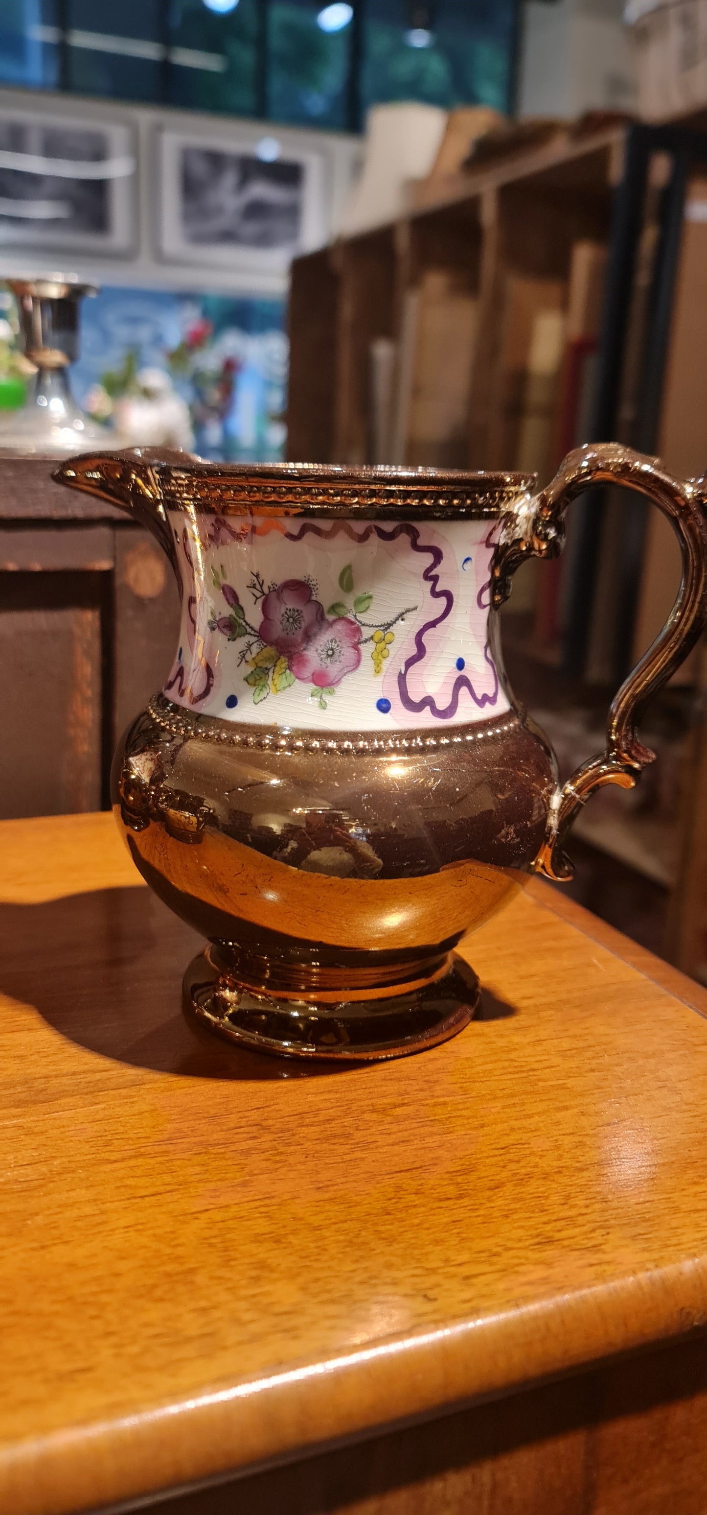 Antique Staffordshire Copper Lustreware handpainted pitcher/jug.