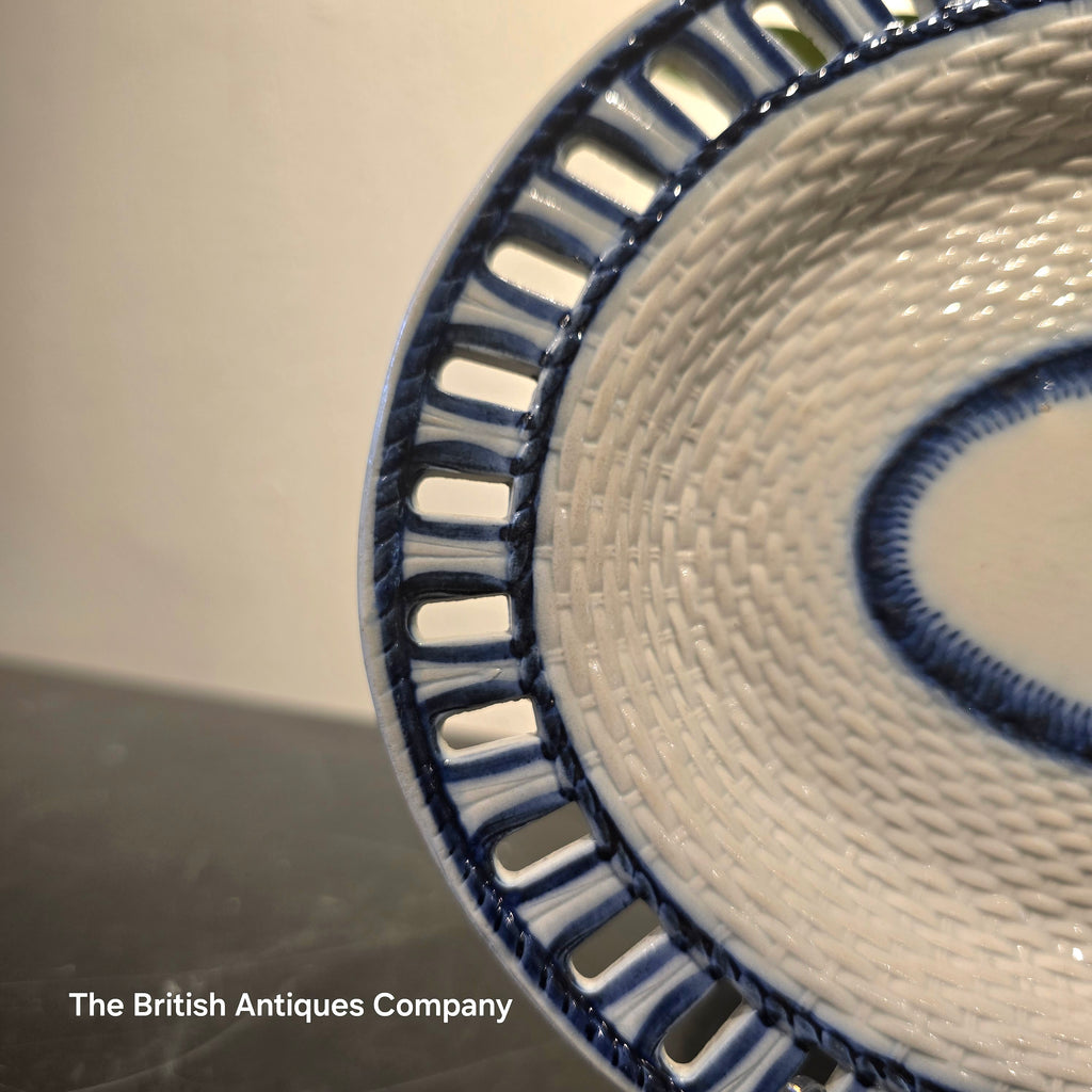Antique Blue and White Oval Pierced Basketweave Serving Dish