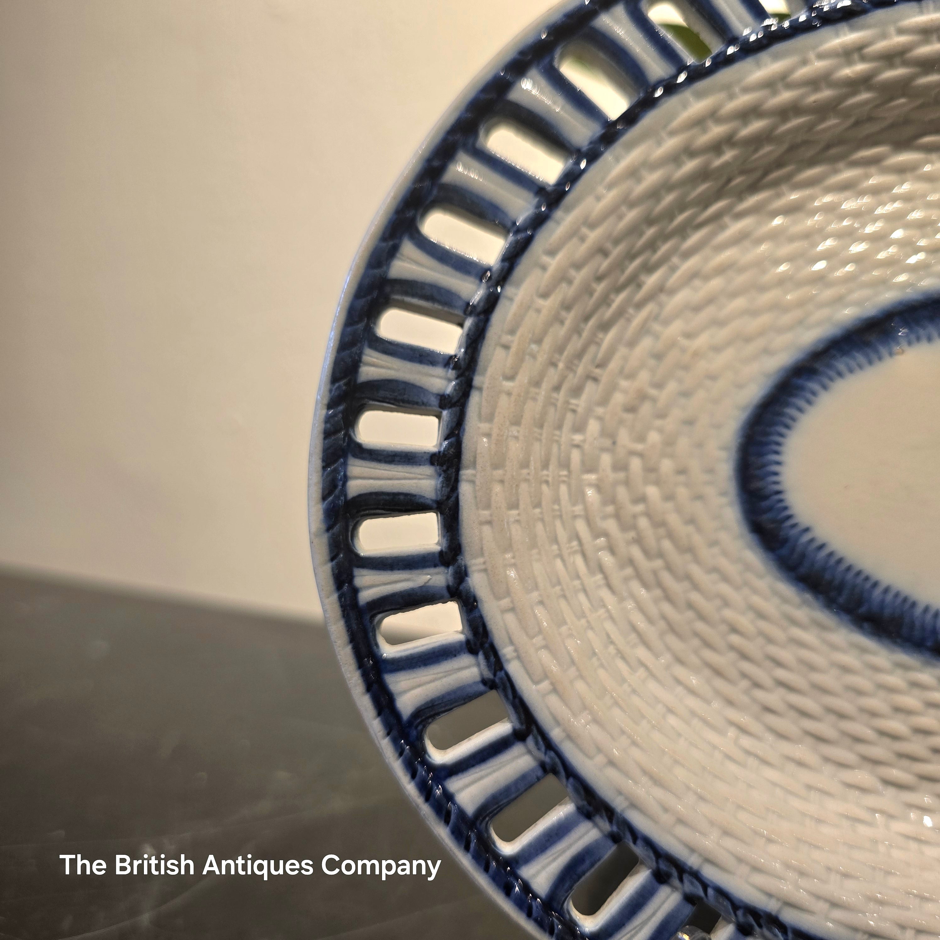 Antique Blue and White Oval Pierced Basketweave Serving Dish
