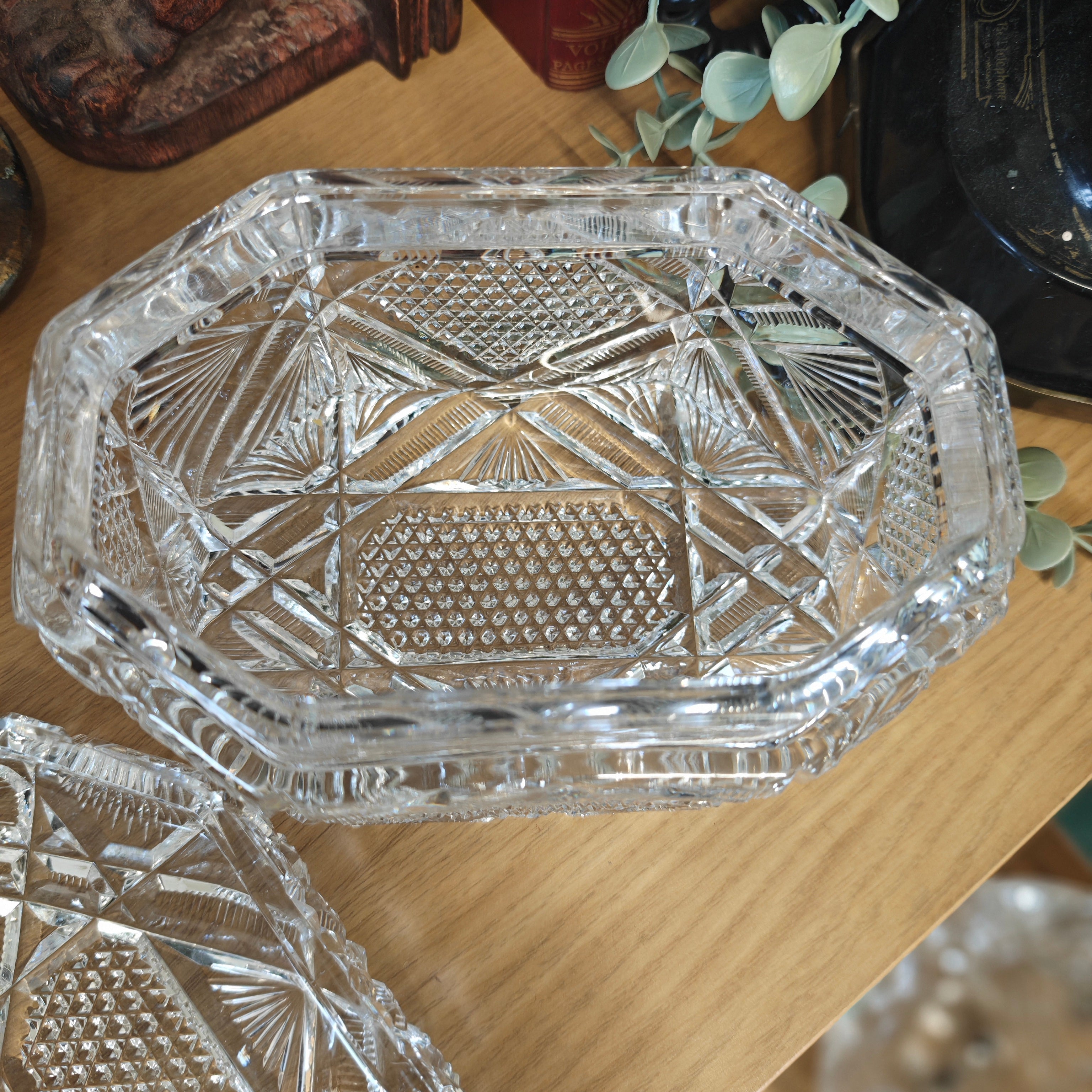 Early 20th-century cut crystal lidded box or bowl, potentially from the American Brilliant Period (ABP) or Bohemian crystal tradition.