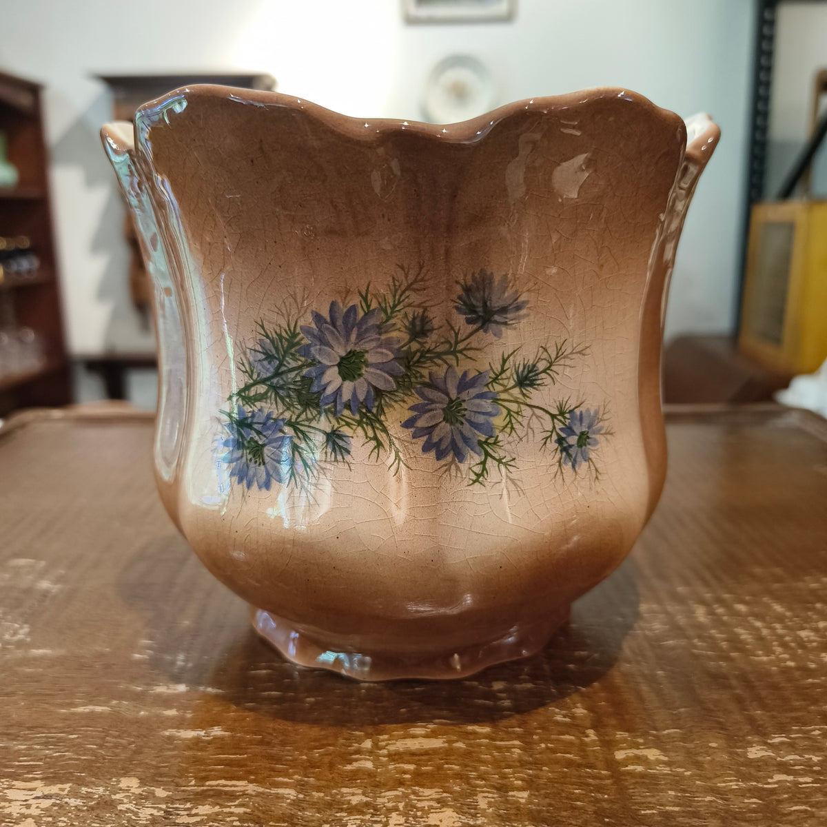 Vintage Staffordshire England Blue Floral Ceramic Cachepot Planter