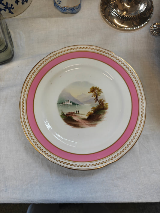 Antique Victorian hand painted plate with pink border