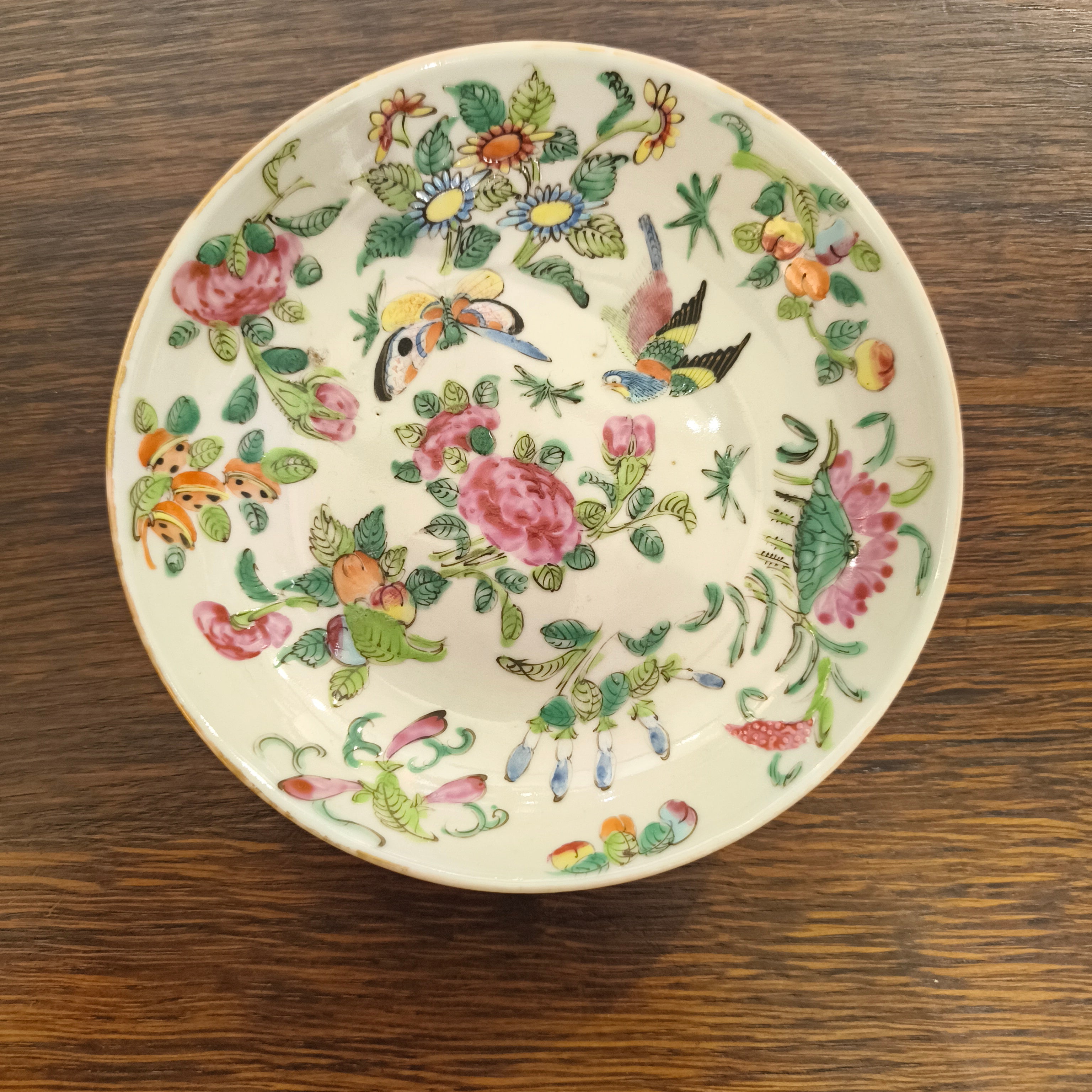 Antique 19th Century Chinese Export Famille Rose Canton Porcelain Saucer Dish – Hand-Painted Bird, Butterflies & Peony Florals