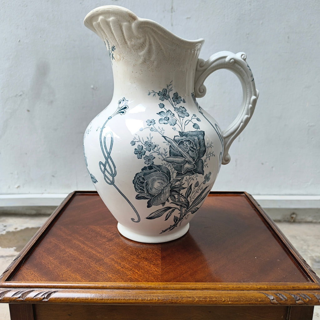 Antique Victorian White Ceramic Pitcher with Blue Floral Transfer Print