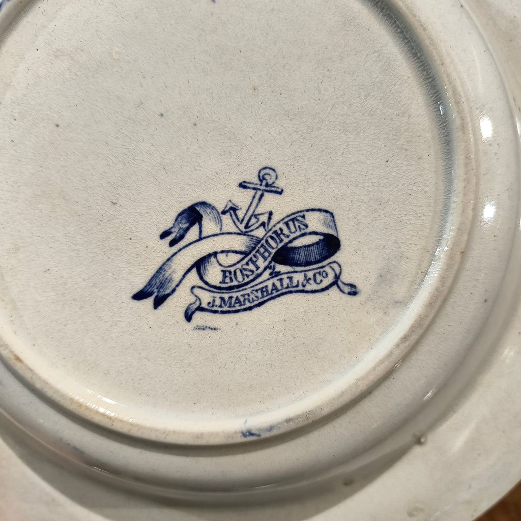 Antique Blue and White Transferware Soup Plate, "Bosphorus" Pattern by J. Marshall & Co. Bo'ness Pottery, Circa 1880