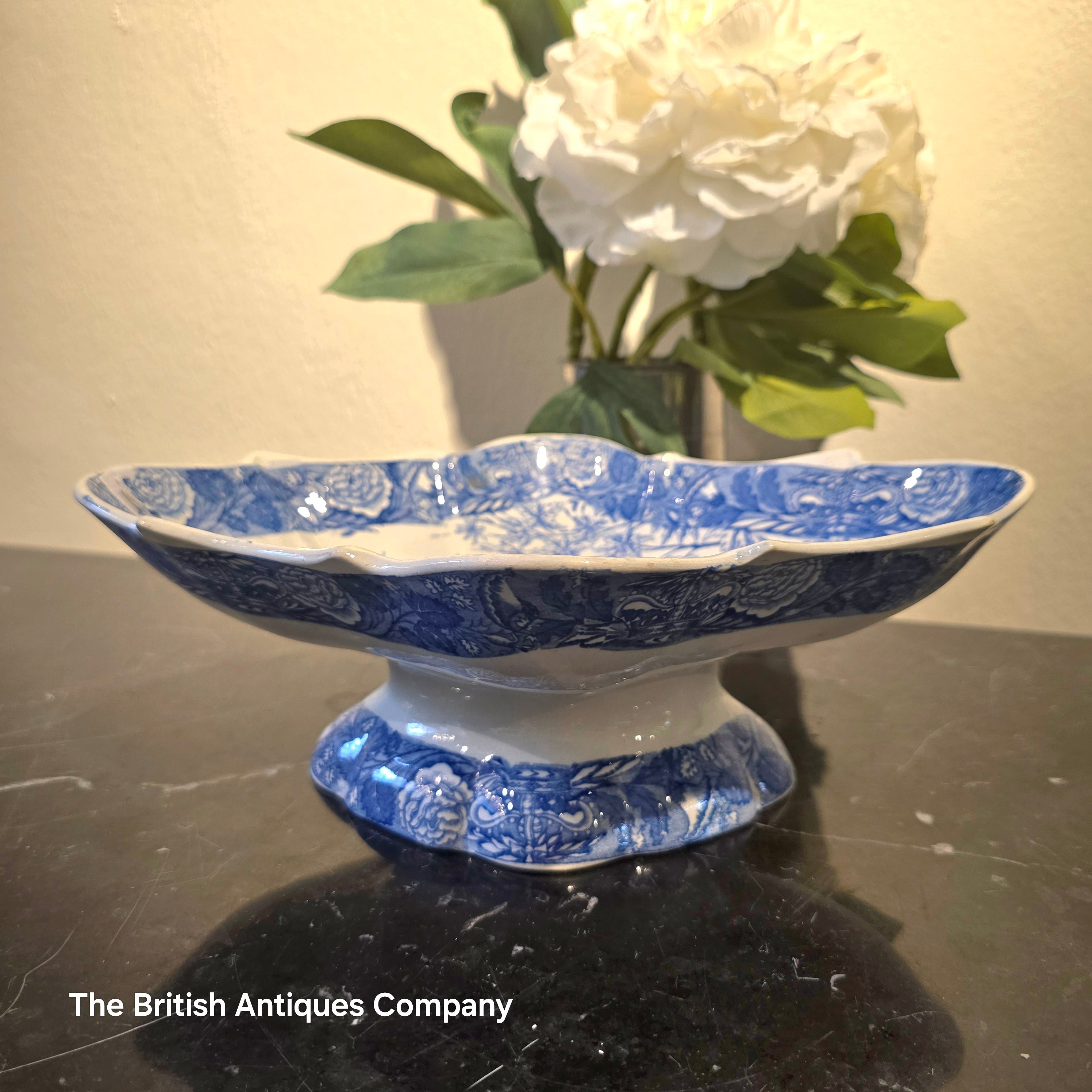 Antique Blue and White Pedestal Bowl / Tazza - Orientalist Landscape Transferware - crack line on