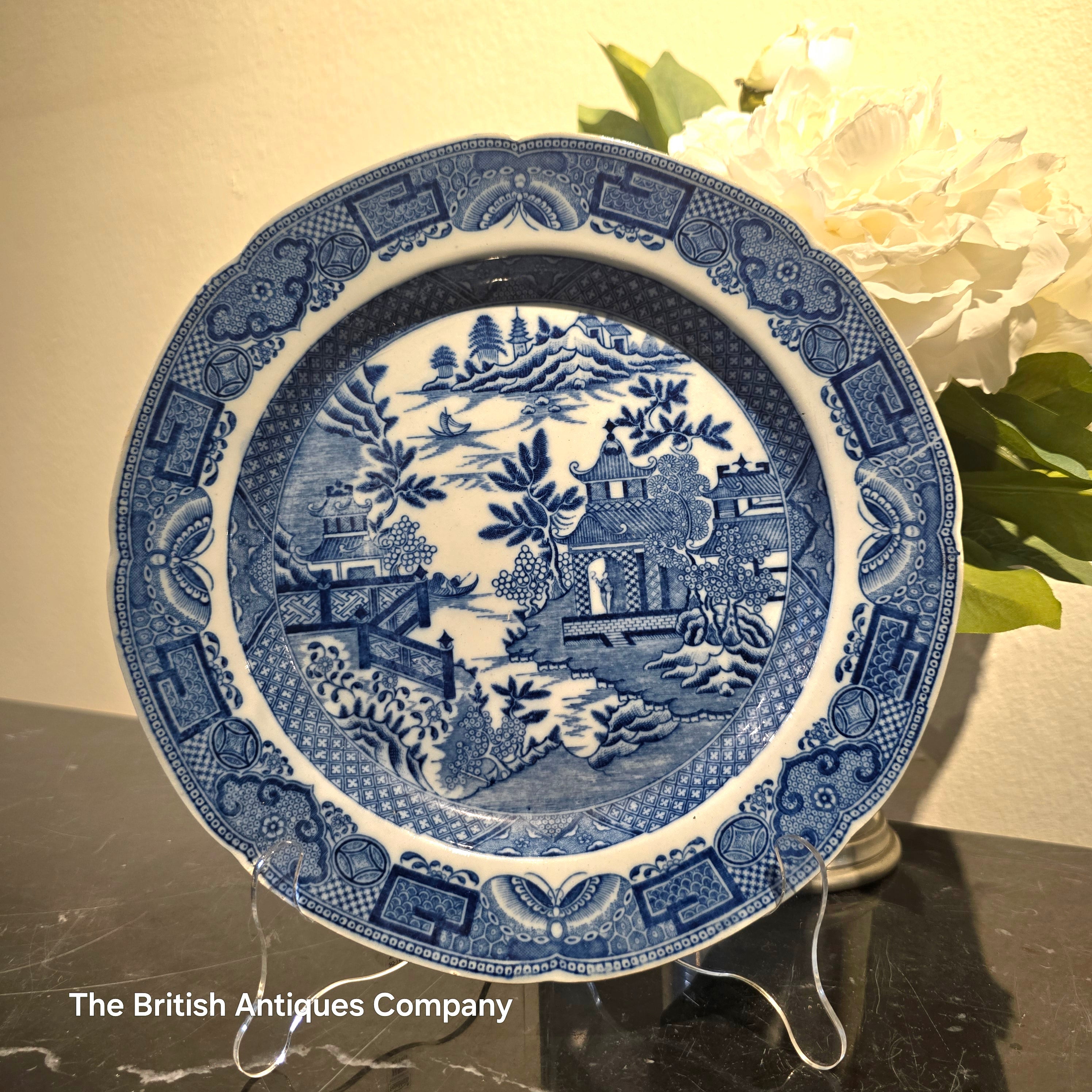 Antique Blue and White "Willow Pattern" Dessert Plate with Scalloped Rim