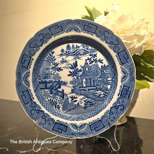 Antique Blue and White "Willow Pattern" Dessert Plate with Scalloped Rim