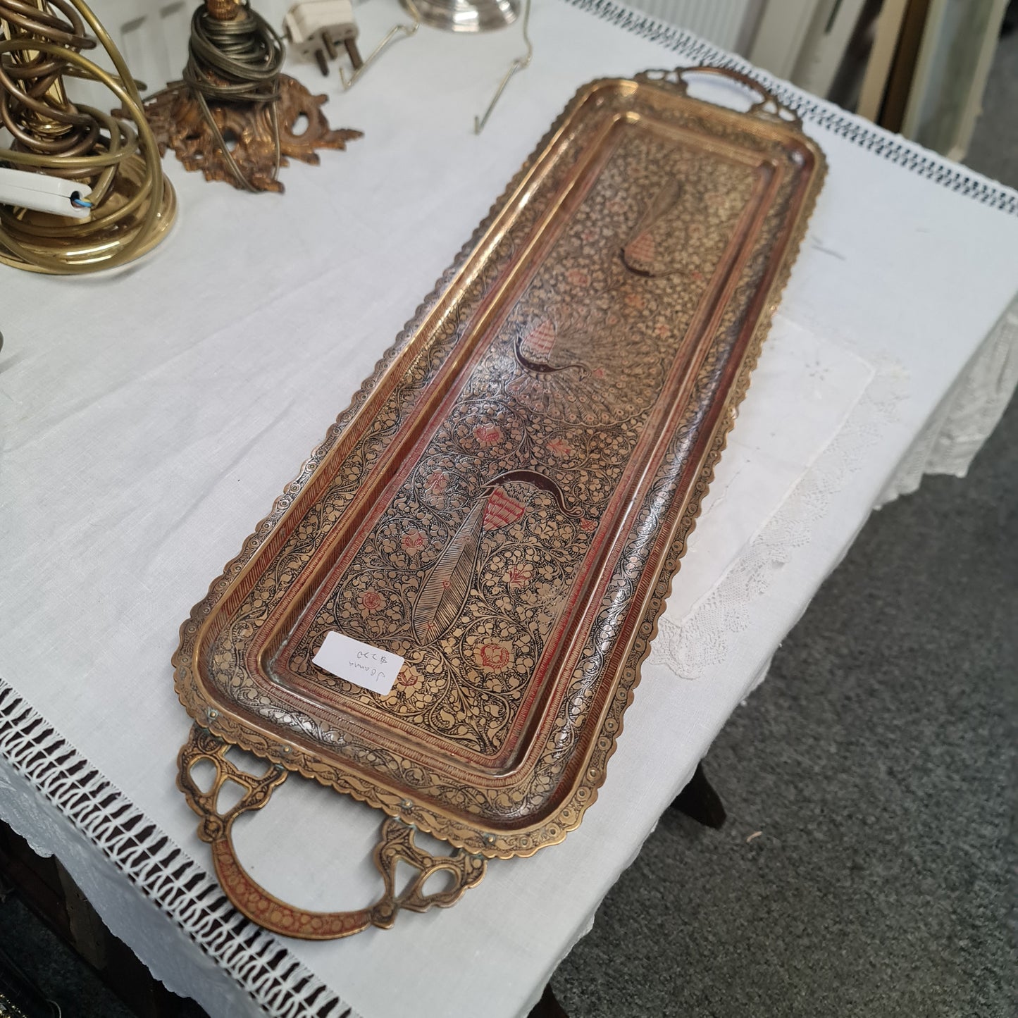 Antique brass serving Tray with peacock design
