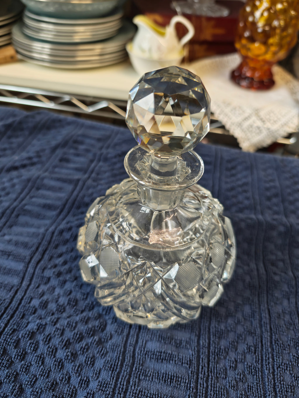 Vintage heavy pressed glass perfume bottle - very minor nip at the bottom of the lid