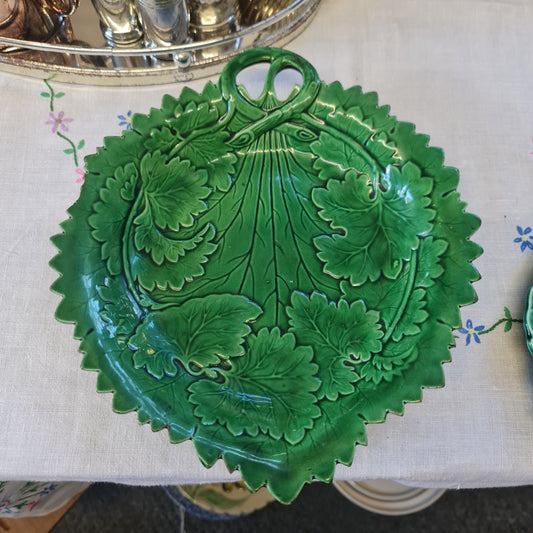 English Greenware Majolica Twig Handled Leaf Shaped Server or Vide-Poche c1880- chipped on edge