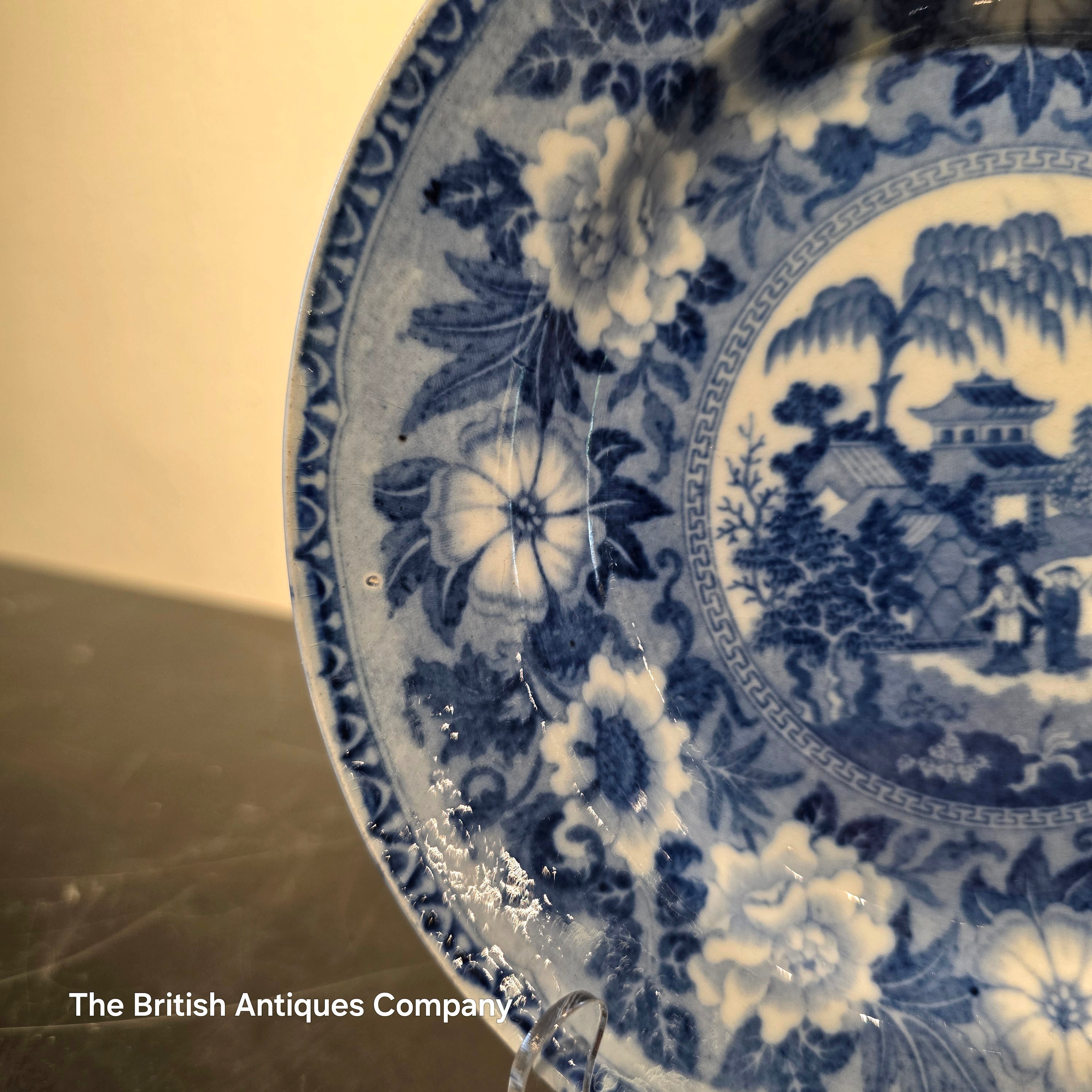Antique Blue and White Chinoiserie Plate - Pagoda & Figures with Floral Border