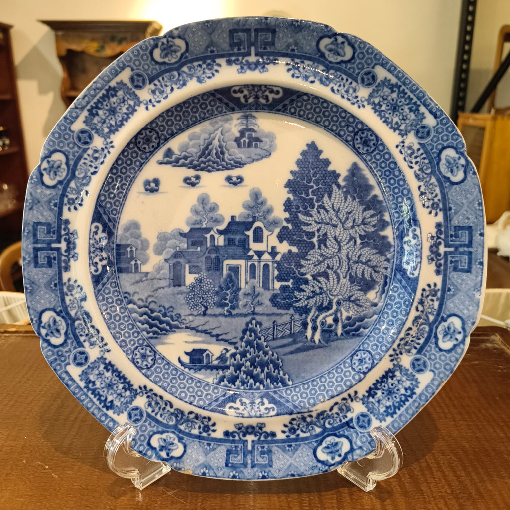 Antique Blue and White Transferware Plate - Chinoiserie Landscape Pattern, Early 19th Century Staffordshire Style Earthenware