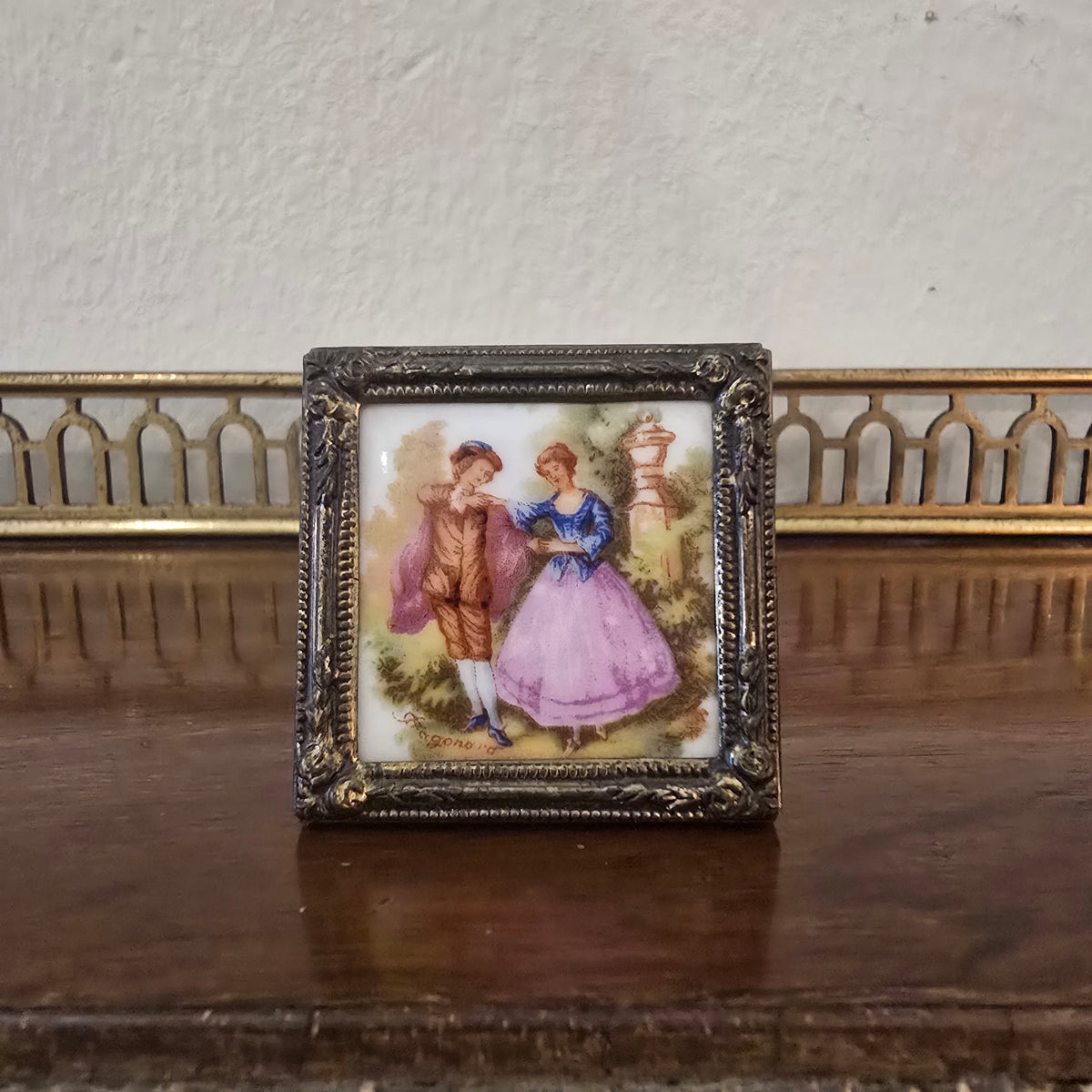 Vintage Limoges Courting Couple Miniture - Brass Frame