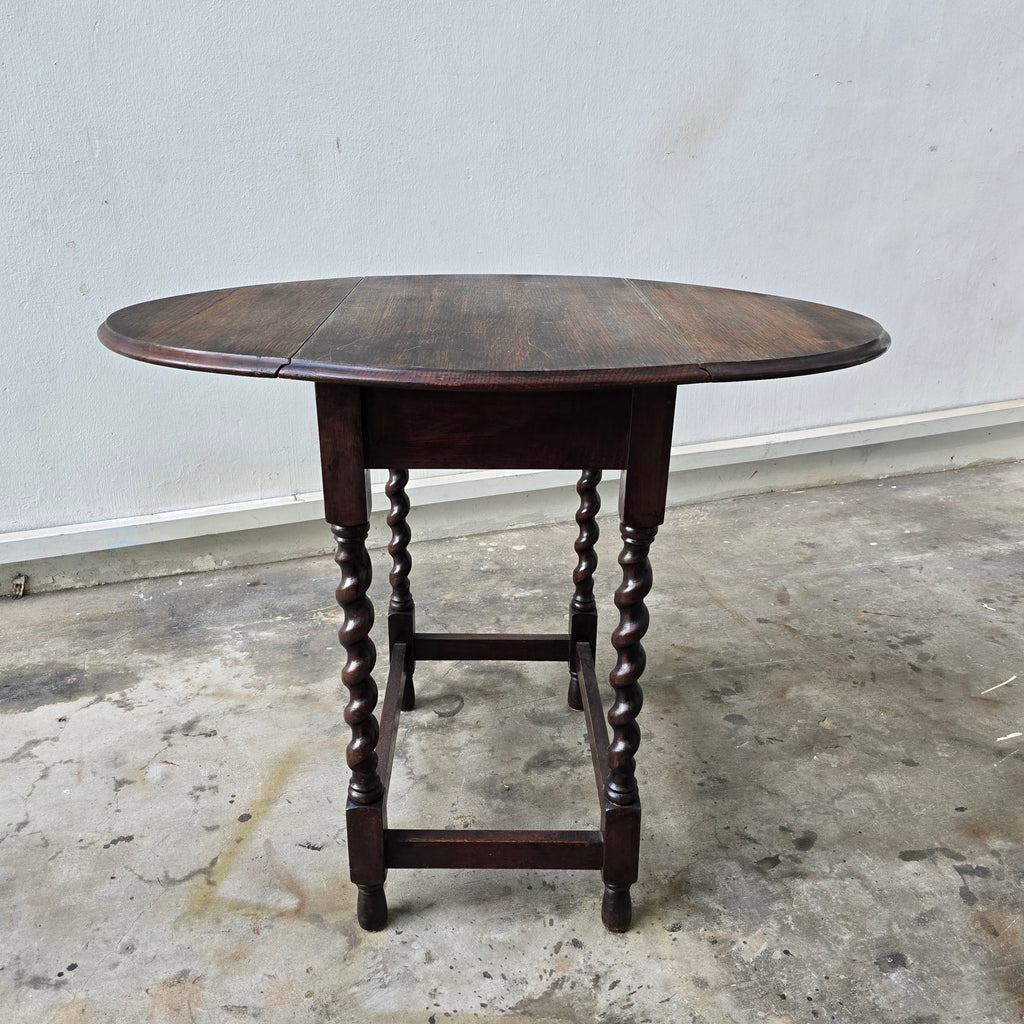 Antique Victorian Drop Leaf Table - Dark Oak - Barley Twist Legs