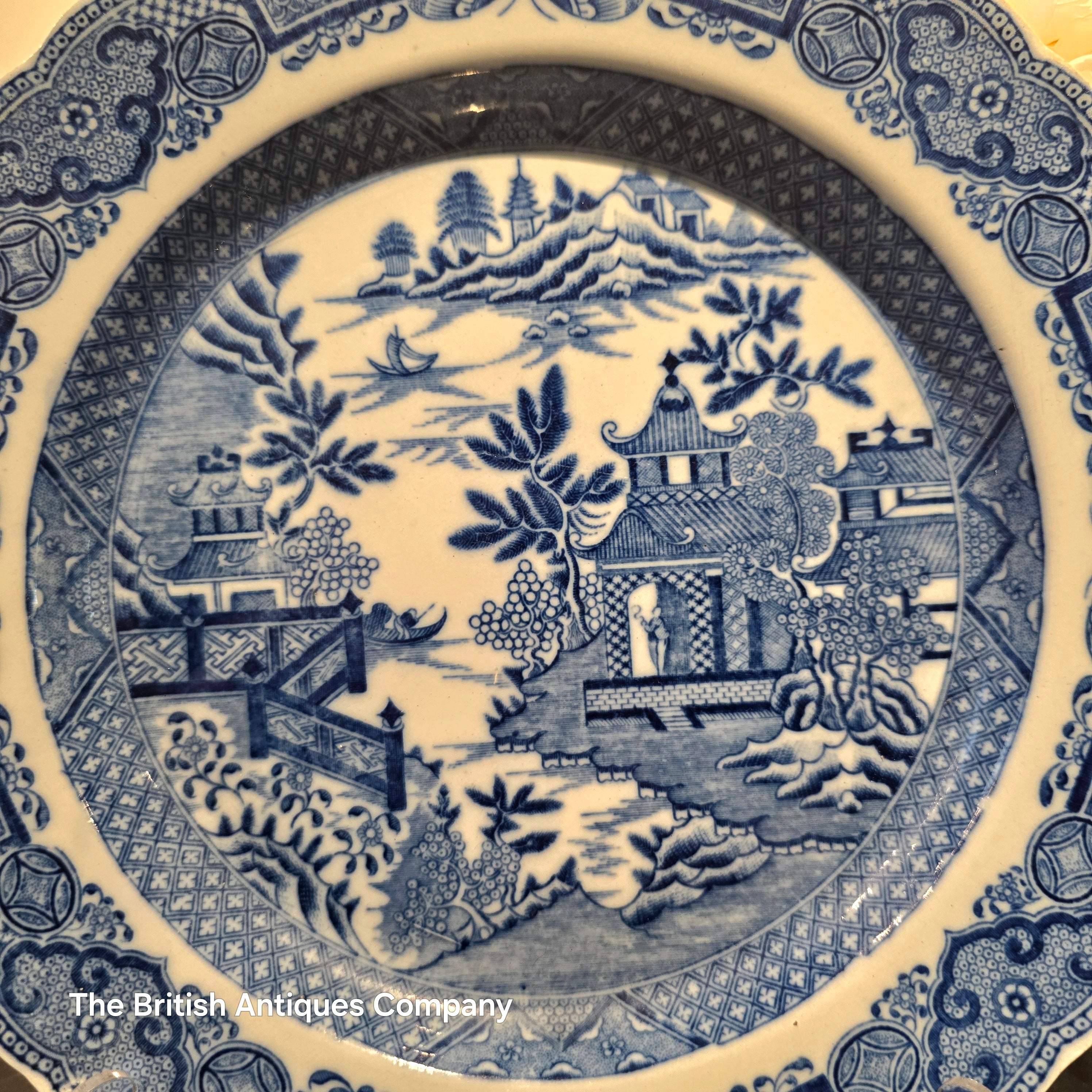 Antique Blue and White "Willow Pattern" Dessert Plate with Scalloped Rim