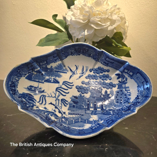 Antique Blue and White Willow Pattern Fluted Dish