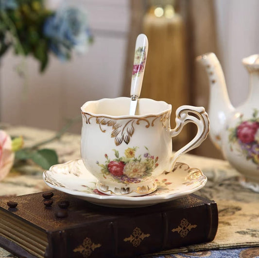 High Quality Floral Teacup and Saucer with Spoon
