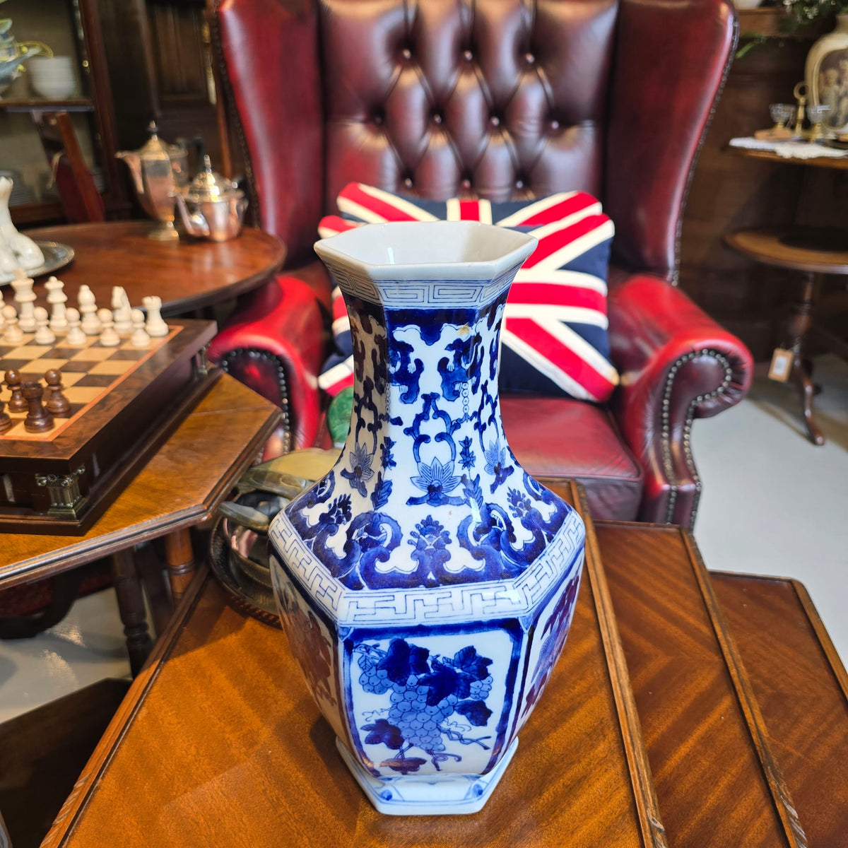 Antique Blue and White Hexagonal Porcelain Vase