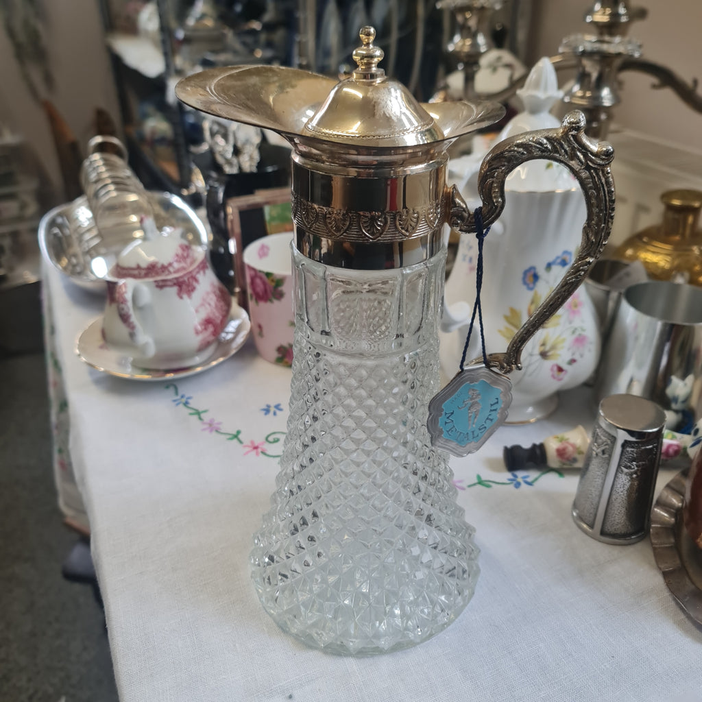 Vintage Pressed glass pitcher / Jug with silver plated handle n lid made in Italian