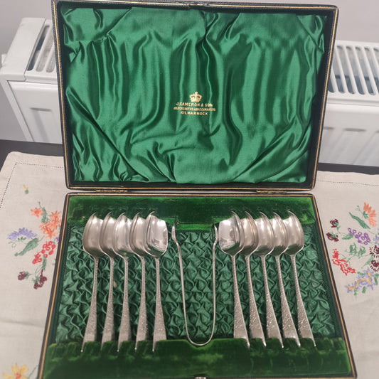 J.Camerons & Son high quality silver plated desert spoons with tongs