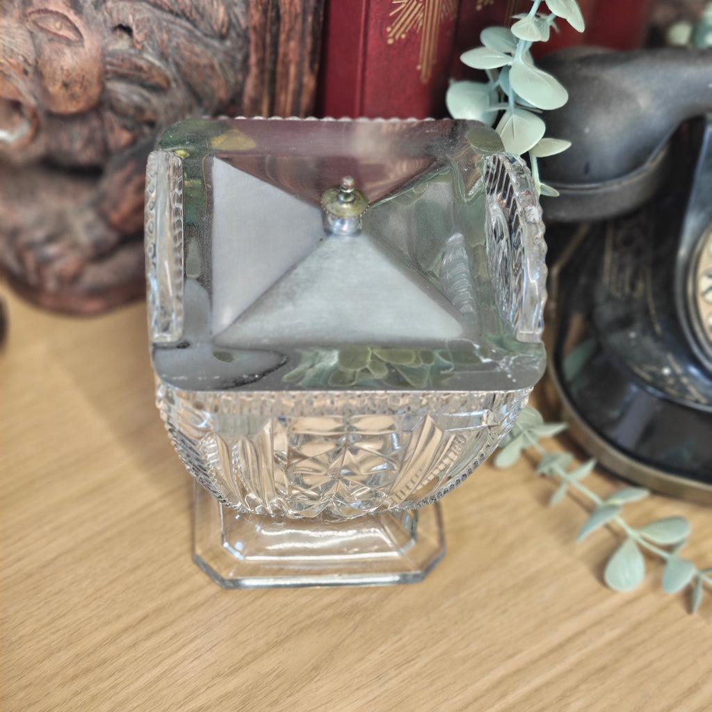 Vintage pressed glass bon bon or biscuit jar with a stainless steel lid