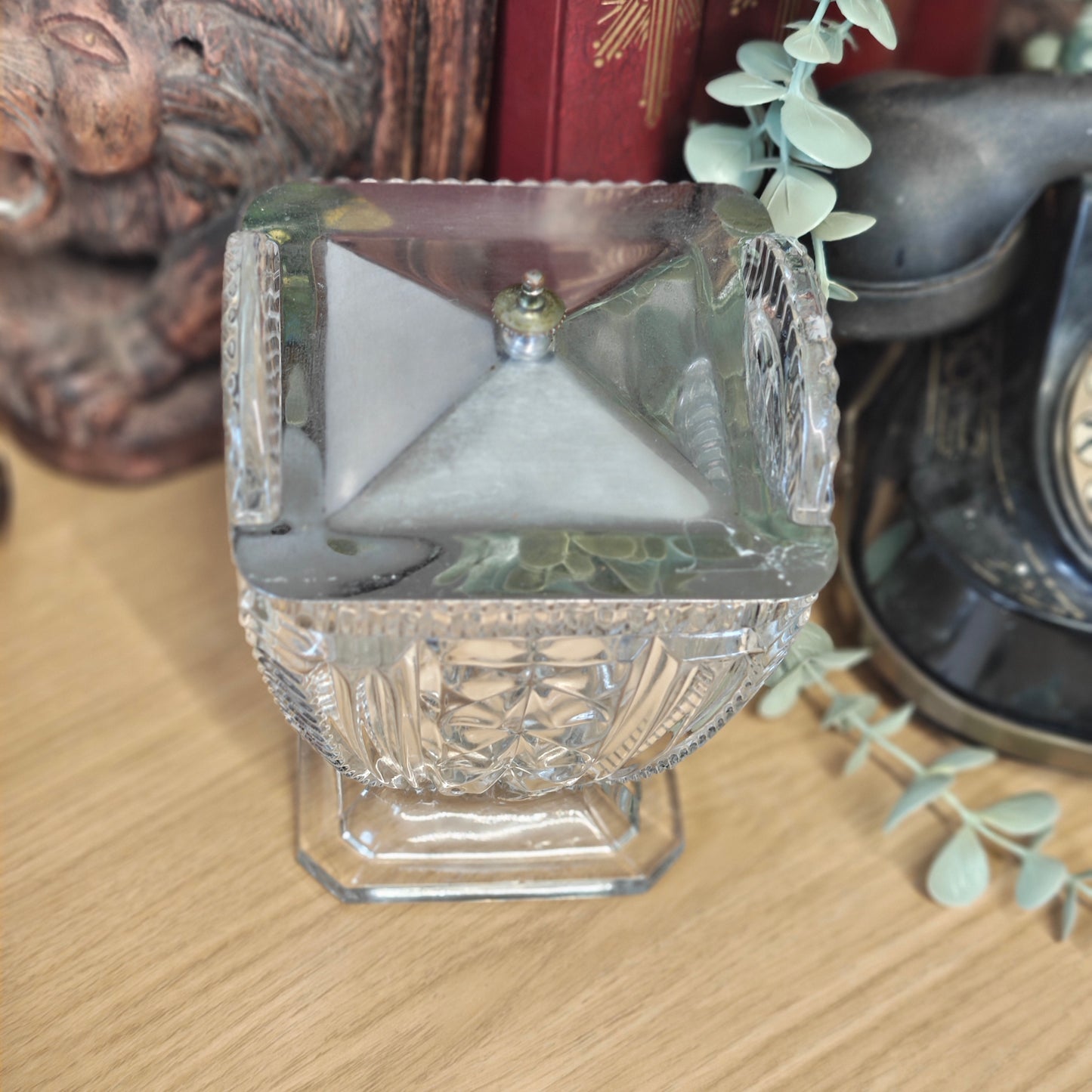 Vintage pressed glass bon bon or biscuit jar with a stainless steel lid