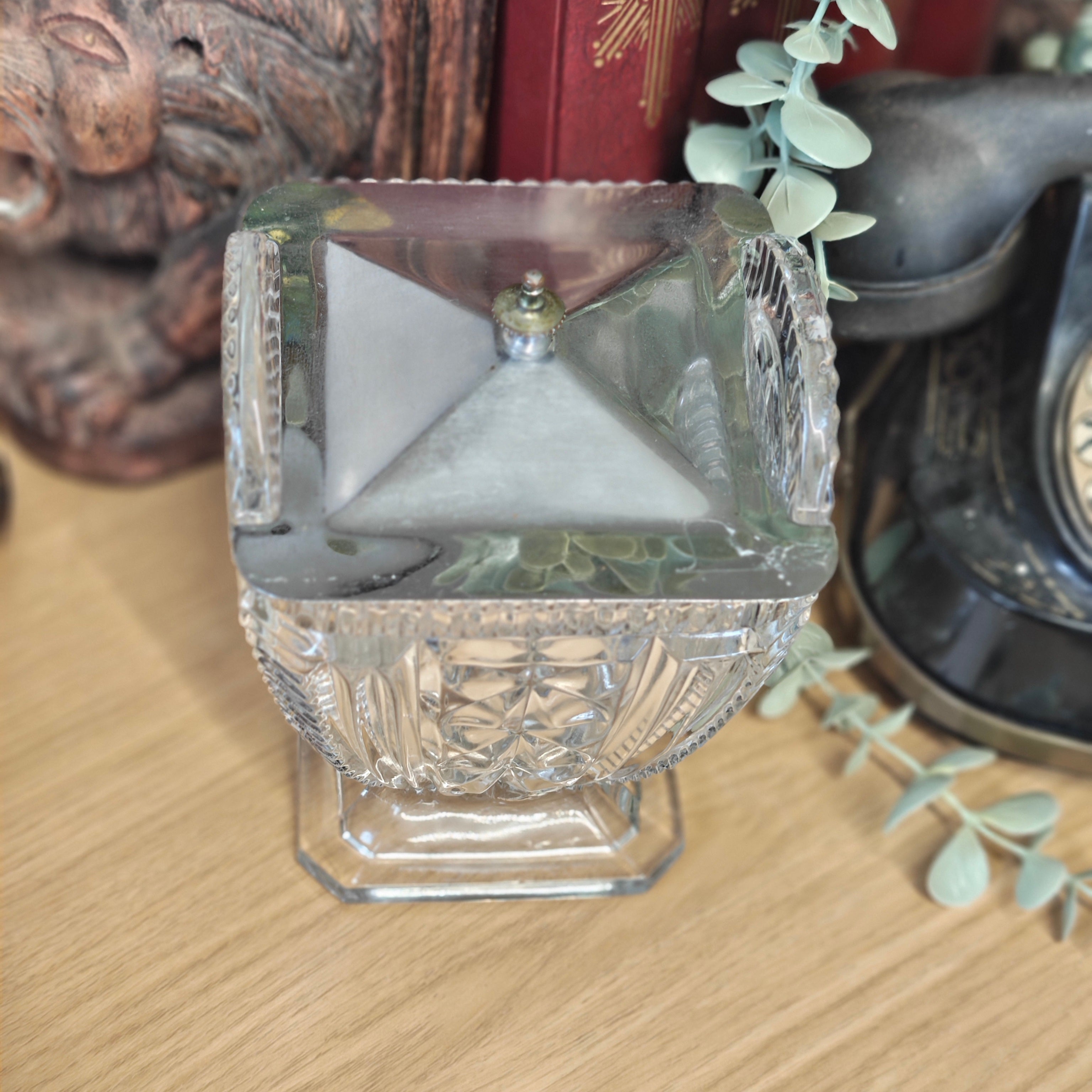 Vintage pressed glass bon bon or biscuit jar with a stainless steel lid
