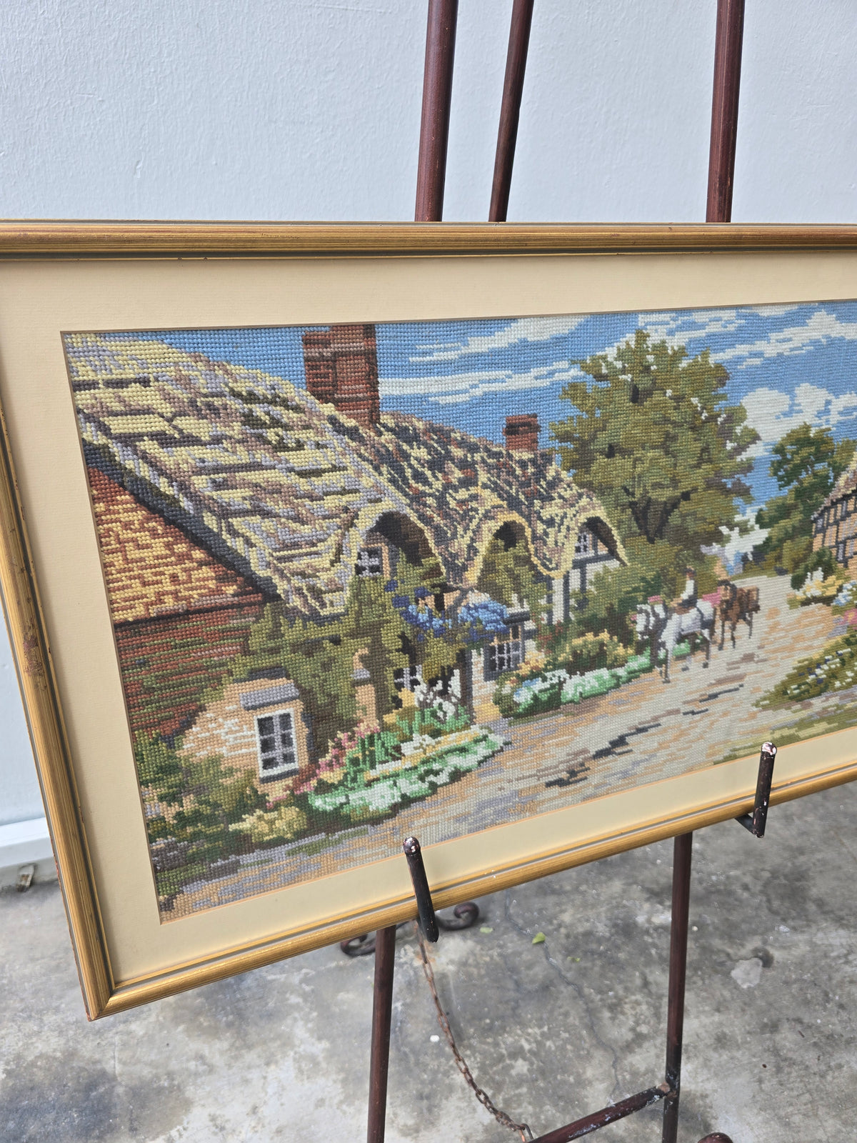 Vintage 1980s Decor. Needle Work Tapestry Picture. Embroidered Cross Stitch Picture
