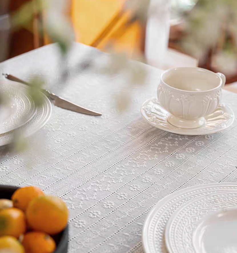 Whimsical French cottage style lace cotton table cloth