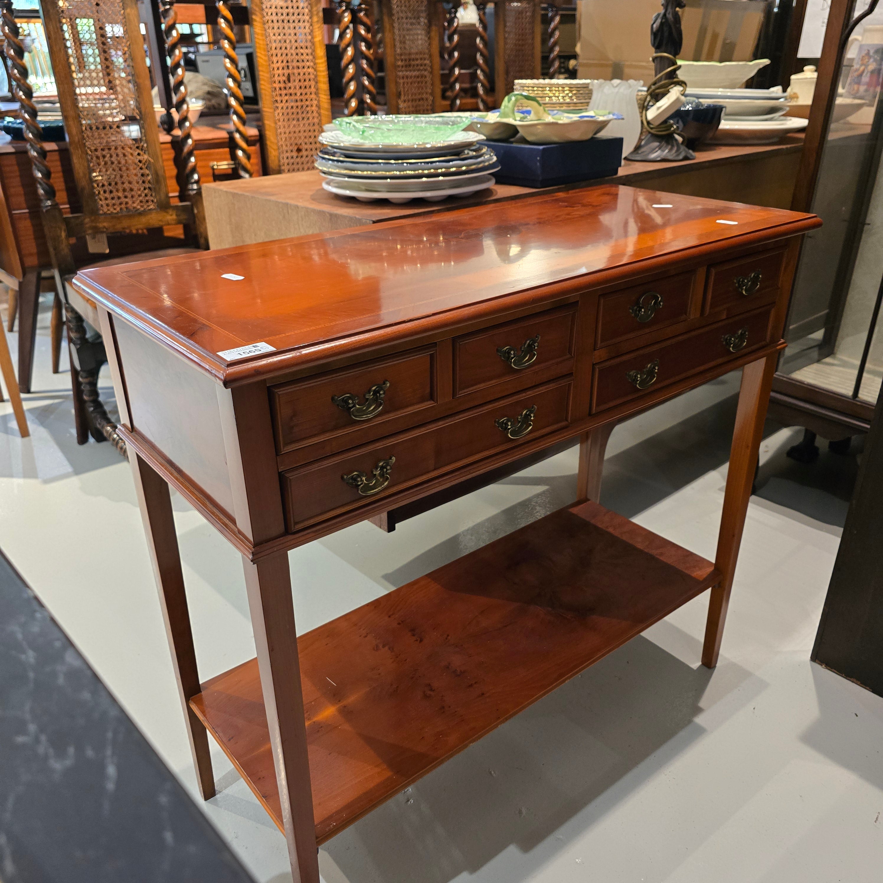 Vintage Yew Wood Console Table with 6 Drawers c. 1980