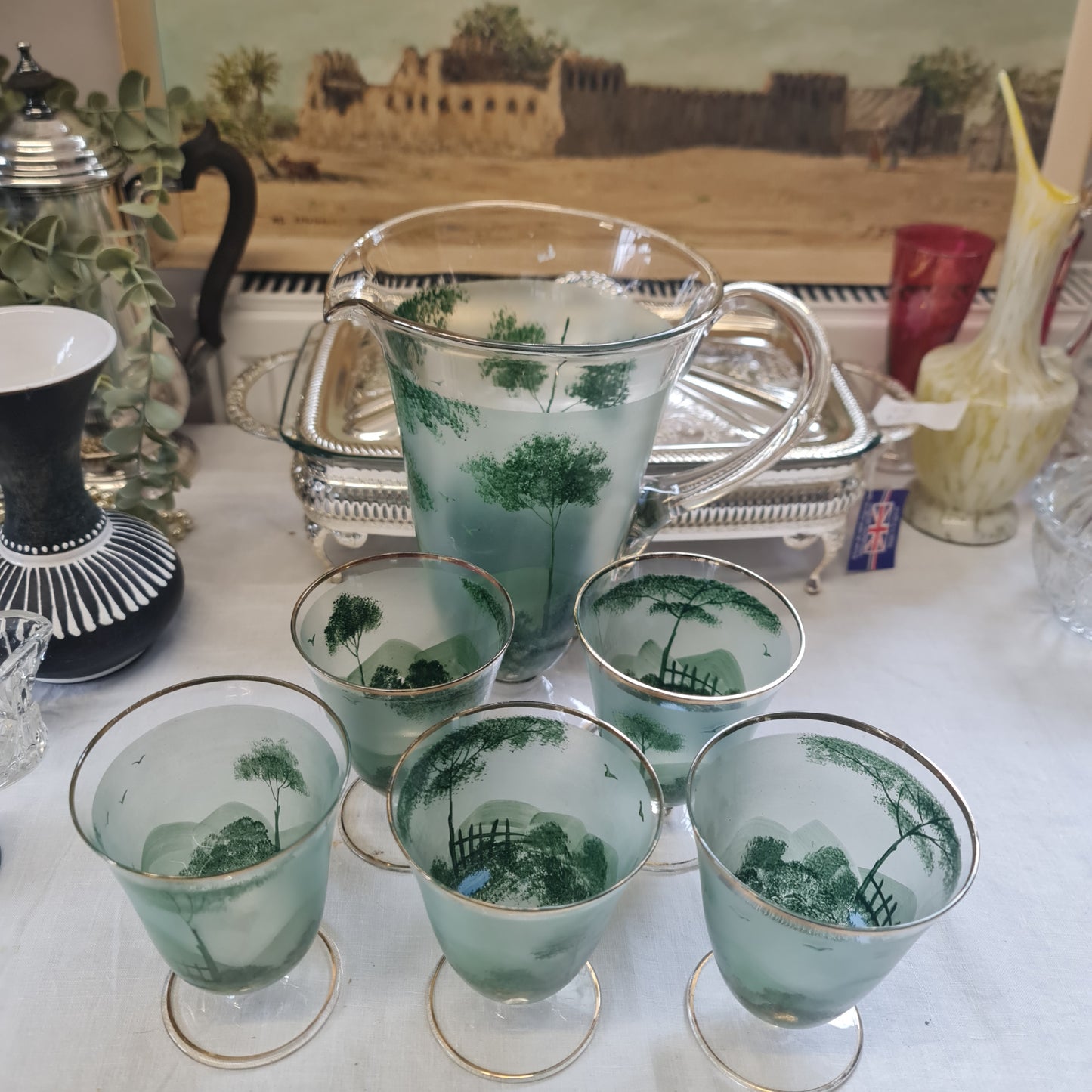 Germany Black Forest handpainted Jug + 5 Glasses