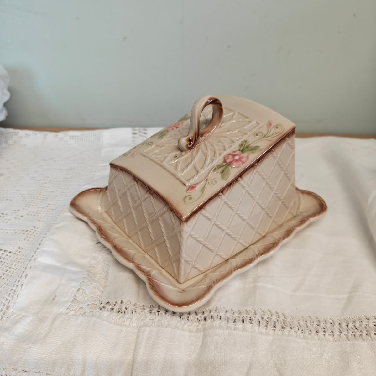 Vintage cottage style cheese platter with cover